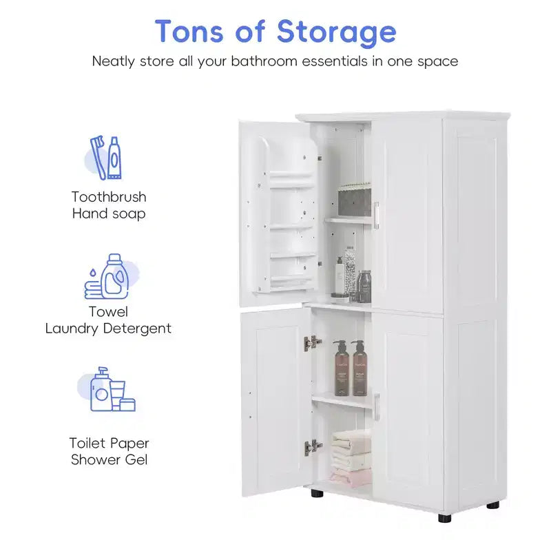 Whisen Minimalist Style Tall and Wide Storage Cabinet, Freestanding Cabinet with 4 Doors and Adjustable Shelves for Bathroom, Office - White