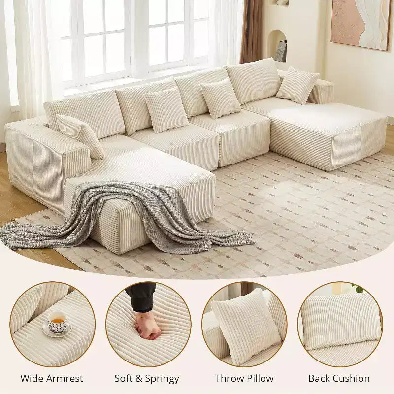 137 Sectional Couch Cloud Modular Modern U-Shaped Sofa with Chaise Lounge, Corduroy Fabric, No Assembly Required