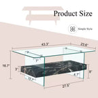 Two-Tier Coffee Table - Modern Design, 43.3 Inches, Clear Glass and Black Marble
