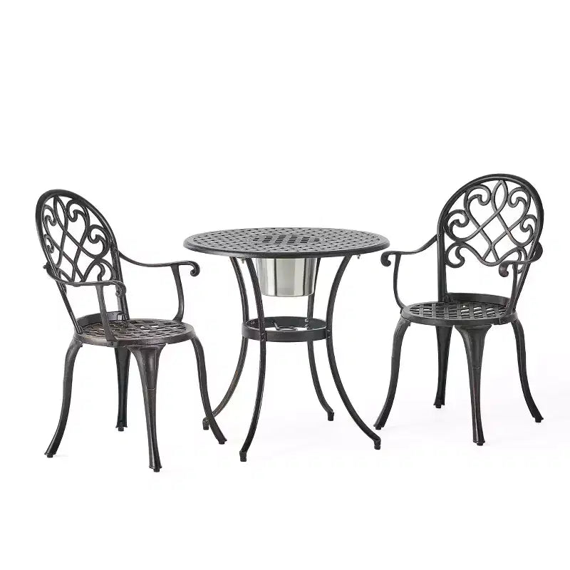 GDFStudio Berthoud Outdoor Cast Aluminum 3 Piece Bistro Set with Ice Bucket, Black Copper