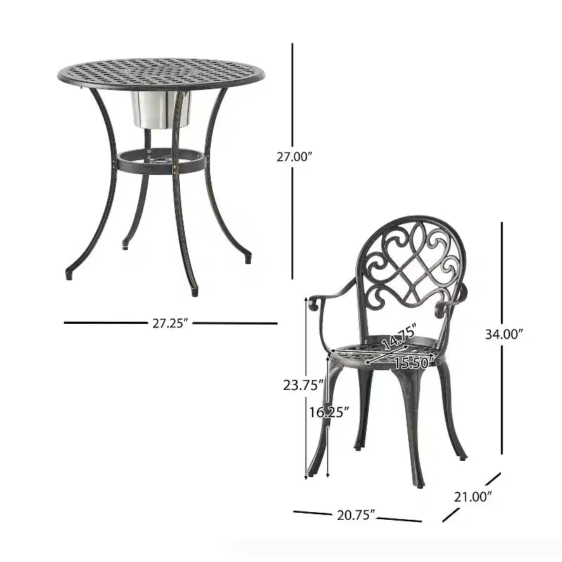 GDFStudio Berthoud Outdoor Cast Aluminum 3 Piece Bistro Set with Ice Bucket, Black Copper