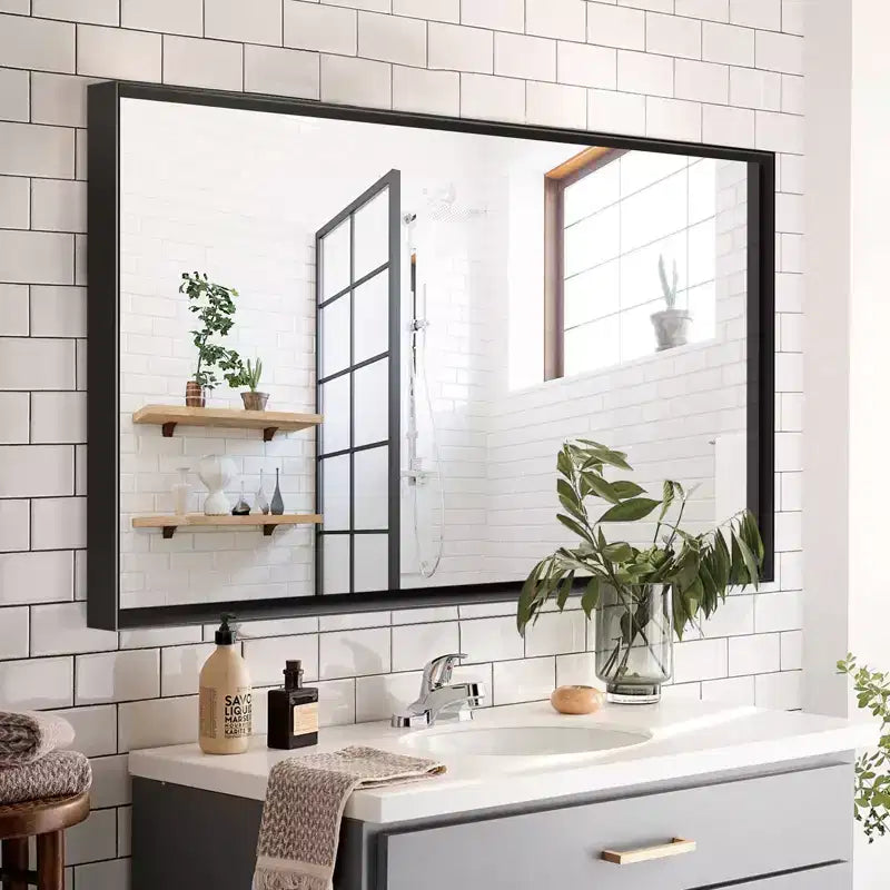40x30 Glossy Black Bathroom Mirror: Modern, Rectangular, Farmhouse Style, Horizontal/Vertical