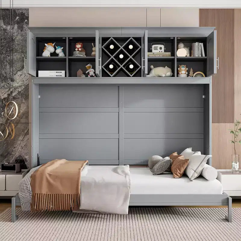 Queen Size Murphy Bed Wall Bed with Top Cabinets & Wine Rack - ModernLuxe
