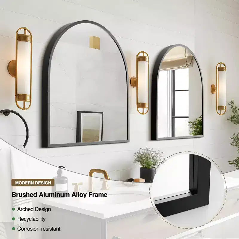 28 x 30 inch Black Wall-mounted Aluminum Straight-Edge Arch Wall Mirror Bathroom Mirror