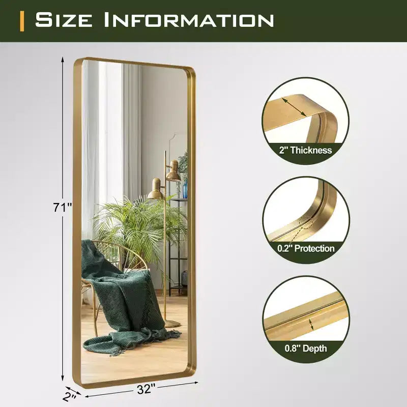 Imitation Electroplated Aluminum Alloy Rounded Rectangular Full-Length Mirror, 180cm x 80cm x 5cm (Deep Mirror - Bracketless)