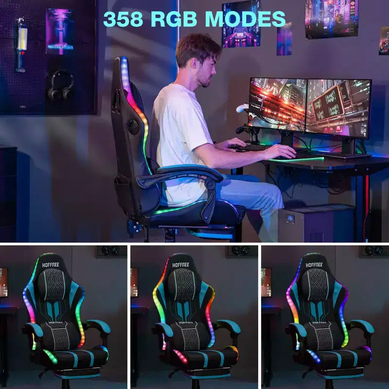 Hoffree Extra Large Massage Gaming Chair Ergonomic Office PC Chair with Bluetooth Speaker & RGB Light