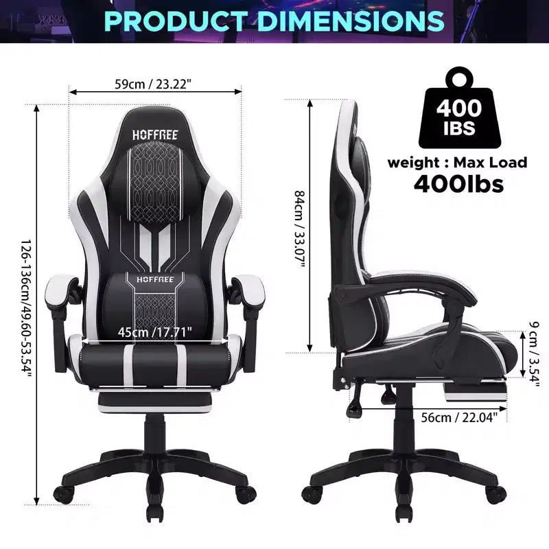 Hoffree Extra Large Massage Gaming Chair Ergonomic Office PC Chair with Bluetooth Speaker & RGB Light