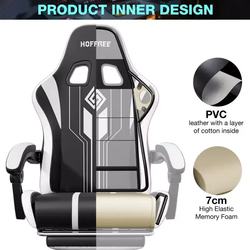 Hoffree Extra Large Massage Gaming Chair Ergonomic Office PC Chair with Bluetooth Speaker & RGB Light