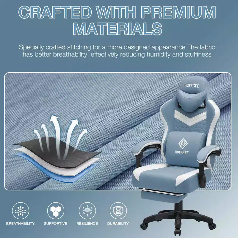 Hoffree Breathable Fabric Massage Gaming Chair Ergonomic Office PC Chair with Footrest & Adjustable