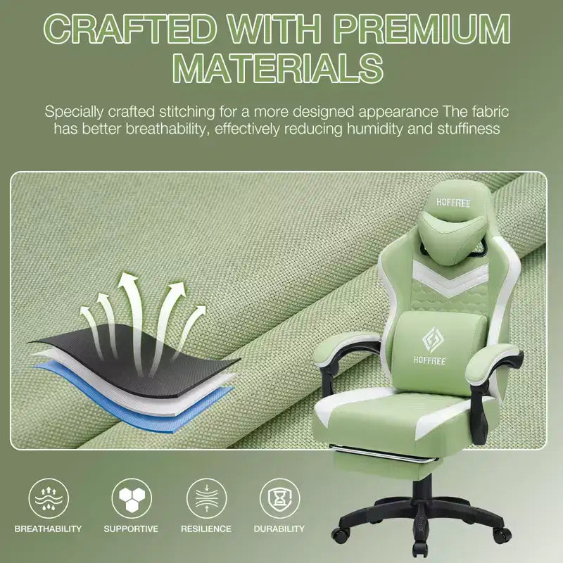 Hoffree Breathable Fabric Massage Gaming Chair Ergonomic Office PC Chair with Footrest & Adjustable