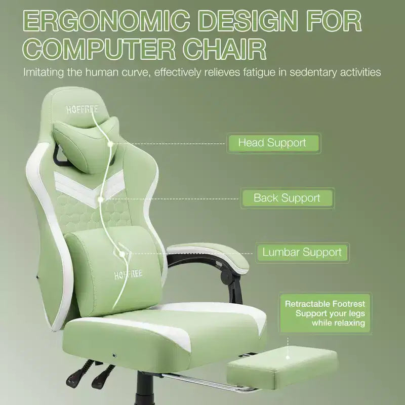 Hoffree Breathable Fabric Massage Gaming Chair Ergonomic Office PC Chair with Footrest & Adjustable