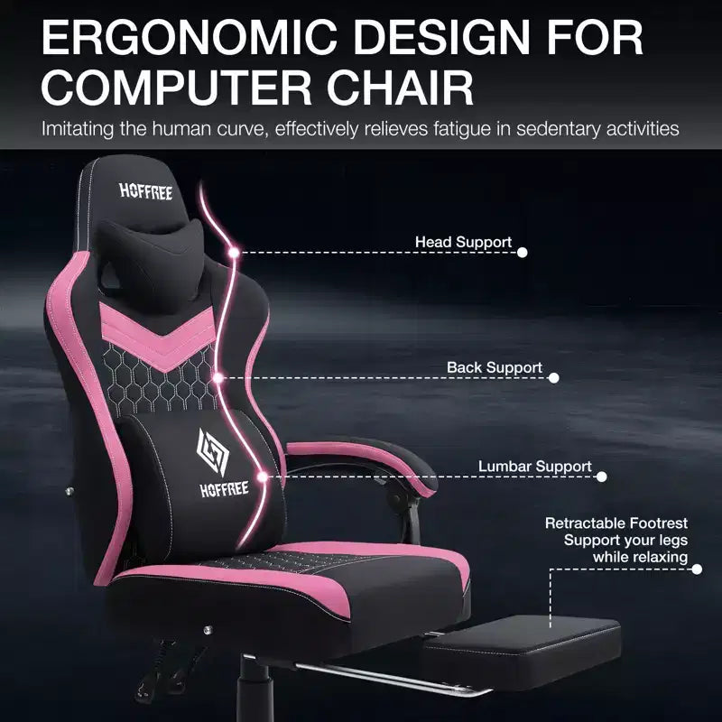 Hoffree Breathable Fabric Massage Gaming Chair Ergonomic Office PC Chair with Footrest & Adjustable