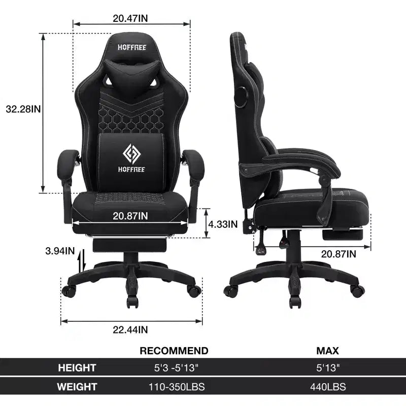 Hoffree Breathable Fabric Massage Gaming Chair Ergonomic Office PC Chair with Bluetooth Speaker & Footrest