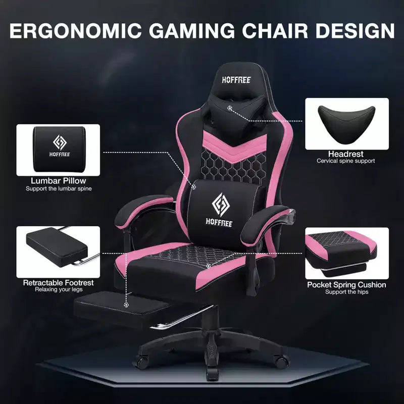 Hoffree Breathable Fabric Massage Gaming Chair Ergonomic Office PC Chair with Bluetooth Speaker & Footrest