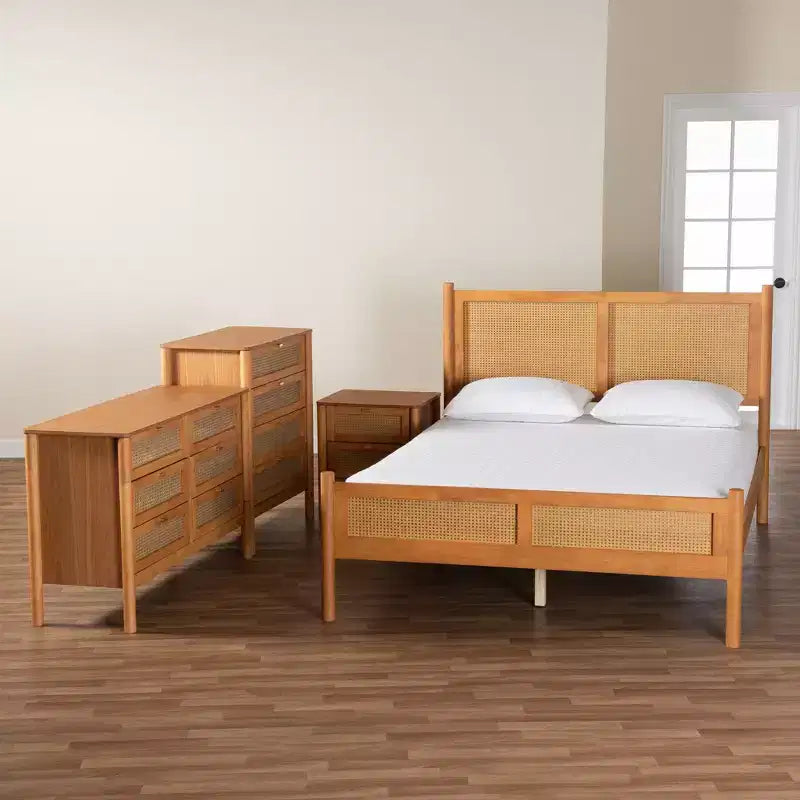 Baxton Studio Jenn Golden Brown Wood Japandi 4-Piece Queen Size Bedroom Set with Distressed-Finished Rattan