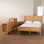 Baxton Studio Jenn Golden Brown Wood Japandi 4-Piece Queen Size Bedroom Set with Distressed-Finished Rattan