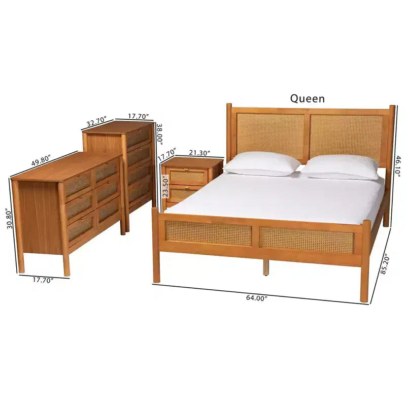 Baxton Studio Jenn Golden Brown Wood Japandi 4-Piece Queen Size Bedroom Set with Distressed-Finished Rattan