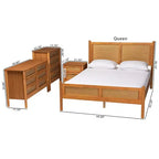 Baxton Studio Jenn Golden Brown Wood Japandi 4-Piece Queen Size Bedroom Set with Distressed-Finished Rattan