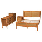 Baxton Studio Jenn Golden Brown Wood Japandi 4-Piece Queen Size Bedroom Set with Distressed-Finished Rattan