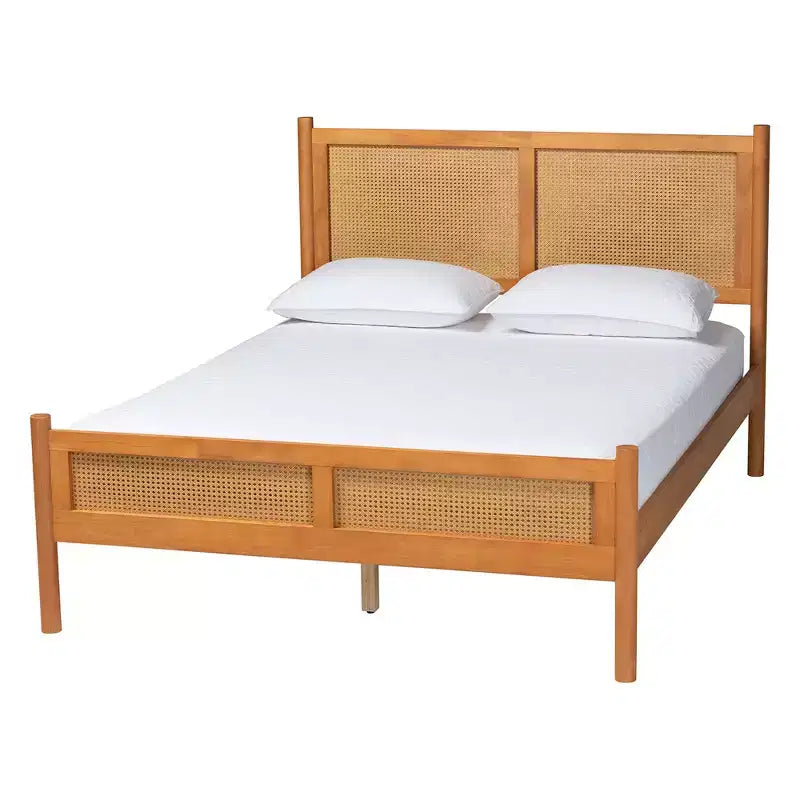 Baxton Studio Jenn Golden Brown Wood Japandi 4-Piece Queen Size Bedroom Set with Distressed-Finished Rattan