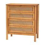 Baxton Studio Jenn Golden Brown Wood Japandi 4-Piece Queen Size Bedroom Set with Distressed-Finished Rattan