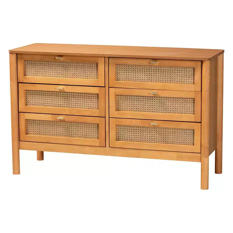 Baxton Studio Jenn Golden Brown Wood Japandi 4-Piece Queen Size Bedroom Set with Distressed-Finished Rattan