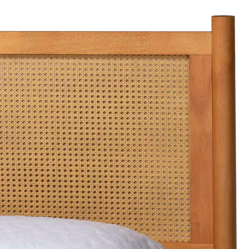 Baxton Studio Jenn Golden Brown Wood Japandi 4-Piece Queen Size Bedroom Set with Distressed-Finished Rattan