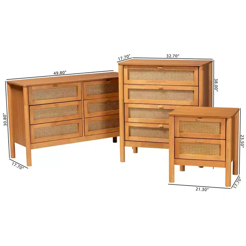 Baxton Studio Jenn Golden Brown Wood Japandi 3-Piece Storage Set with Distressed-Finished Rattan