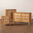 Baxton Studio Jenn Golden Brown Wood Japandi 3-Piece Storage Set with Distressed-Finished Rattan