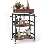 3-Tier Rolling Bar Cart with Wheels Removable Tray Metal Kitchen Serving Cart 154 lb Capacity Lockable Casters Powder-Coated Steel Frame