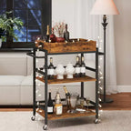 3-Tier Rolling Bar Cart with Wheels Removable Tray Metal Kitchen Serving Cart 154 lb Capacity Lockable Casters Powder-Coated Steel Frame