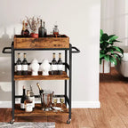 3-Tier Rolling Bar Cart with Wheels Removable Tray Metal Kitchen Serving Cart 154 lb Capacity Lockable Casters Powder-Coated Steel Frame