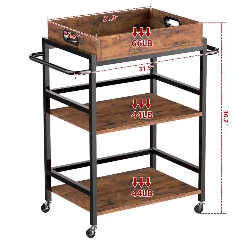 3-Tier Rolling Bar Cart with Wheels Removable Tray Metal Kitchen Serving Cart 154 lb Capacity Lockable Casters Powder-Coated Steel Frame
