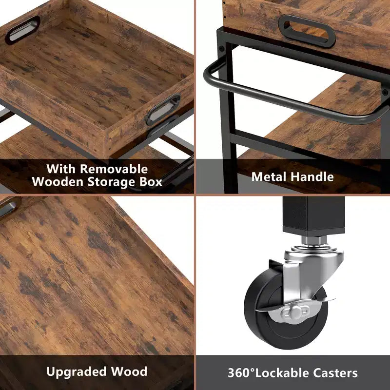 3-Tier Rolling Bar Cart with Wheels Removable Tray Metal Kitchen Serving Cart 154 lb Capacity Lockable Casters Powder-Coated Steel Frame