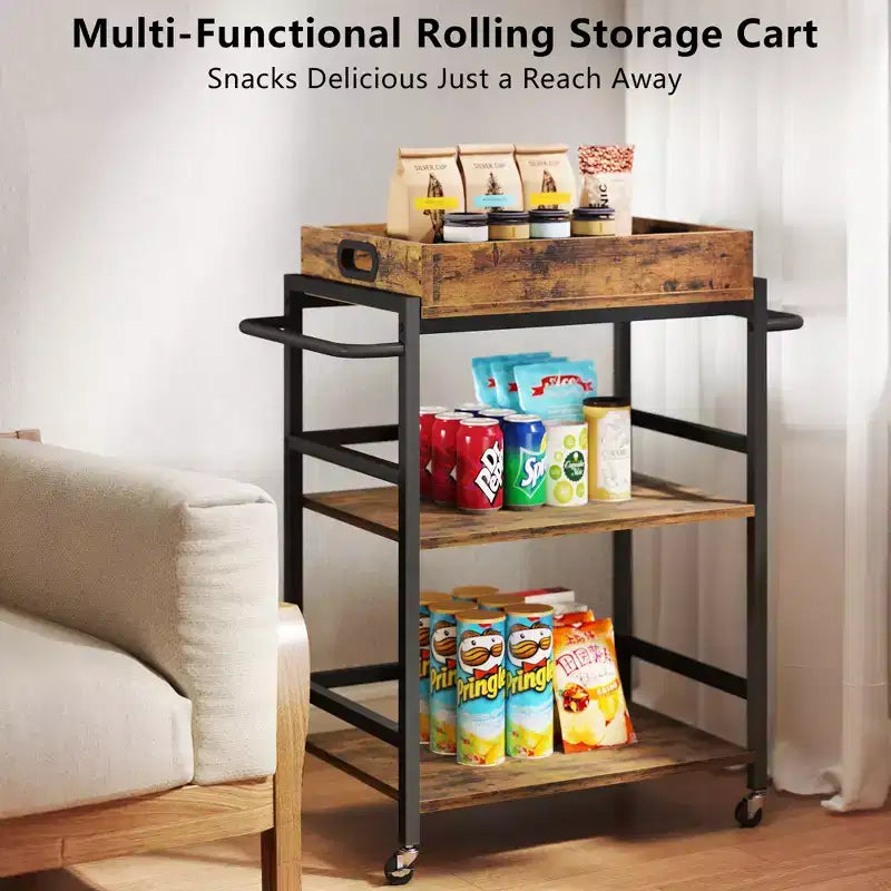 3-Tier Rolling Bar Cart with Wheels Removable Tray Metal Kitchen Serving Cart 154 lb Capacity Lockable Casters Powder-Coated Steel Frame