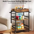 3-Tier Rolling Bar Cart with Wheels Removable Tray Metal Kitchen Serving Cart 154 lb Capacity Lockable Casters Powder-Coated Steel Frame