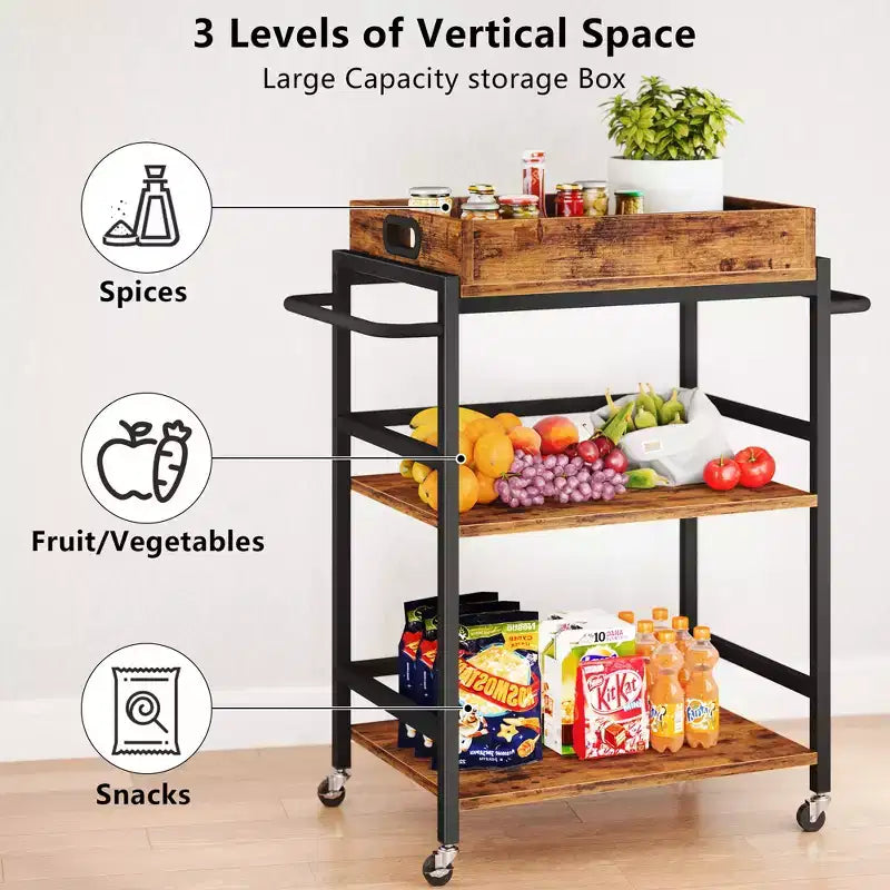 3-Tier Rolling Bar Cart with Wheels Removable Tray Metal Kitchen Serving Cart 154 lb Capacity Lockable Casters Powder-Coated Steel Frame