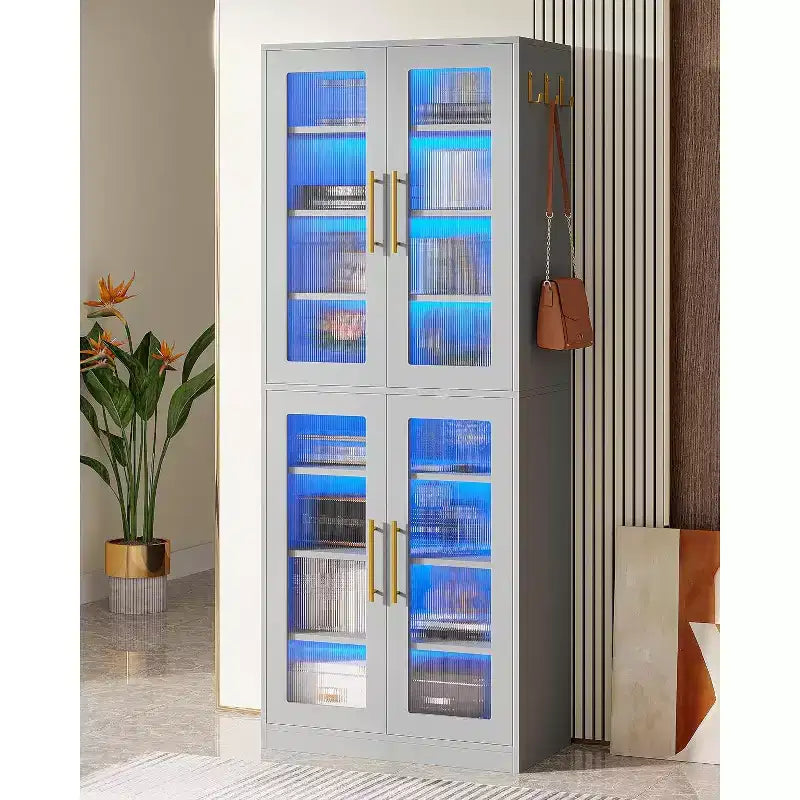Lantine Bookcase with Doors and LED Light, 67-inch Tall Bookshelf with 8-Tier Adjustable Shelves and Hanging Hooks