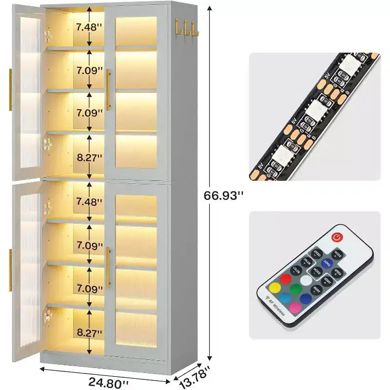 Lantine Bookcase with Doors and LED Light, 67-inch Tall Bookshelf with 8-Tier Adjustable Shelves and Hanging Hooks
