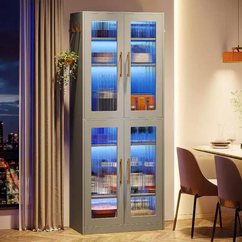 Lantine Bookcase with Doors and LED Light, 67-inch Tall Bookshelf with 8-Tier Adjustable Shelves and Hanging Hooks