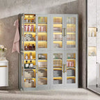 Lantine Bookcase with Doors and LED Light, 67-inch Tall Bookshelf with 8-Tier Adjustable Shelves and Hanging Hooks