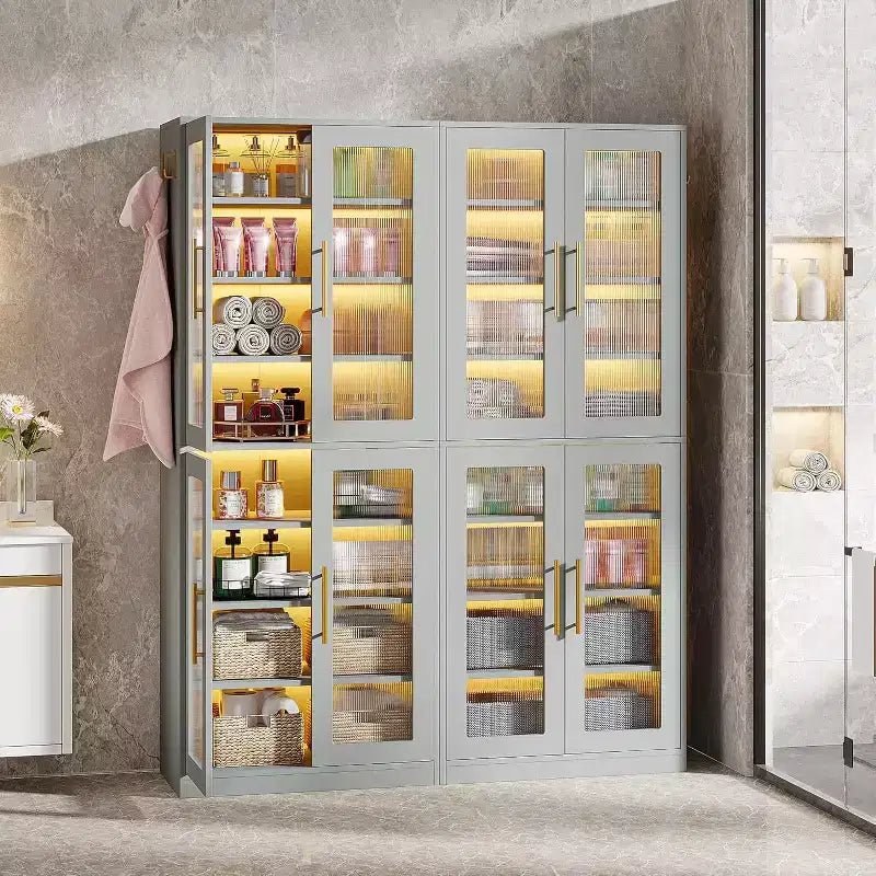Lantine Bookcase with Doors and LED Light, 67-inch Tall Bookshelf with 8-Tier Adjustable Shelves and Hanging Hooks