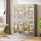 Lantine Bookcase with Doors and LED Light, 67-inch Tall Bookshelf with 8-Tier Adjustable Shelves and Hanging Hooks