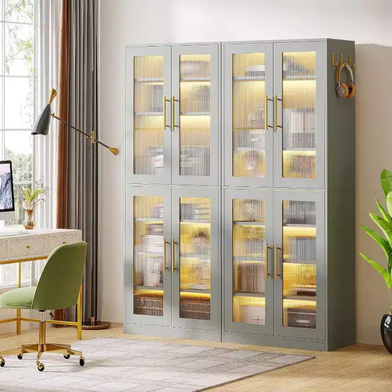 Lantine Bookcase with Doors and LED Light, 67-inch Tall Bookshelf with 8-Tier Adjustable Shelves and Hanging Hooks