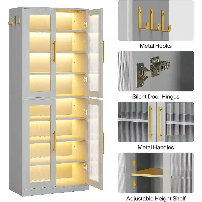 Lantine Bookcase with Doors and LED Light, 67-inch Tall Bookshelf with 8-Tier Adjustable Shelves and Hanging Hooks