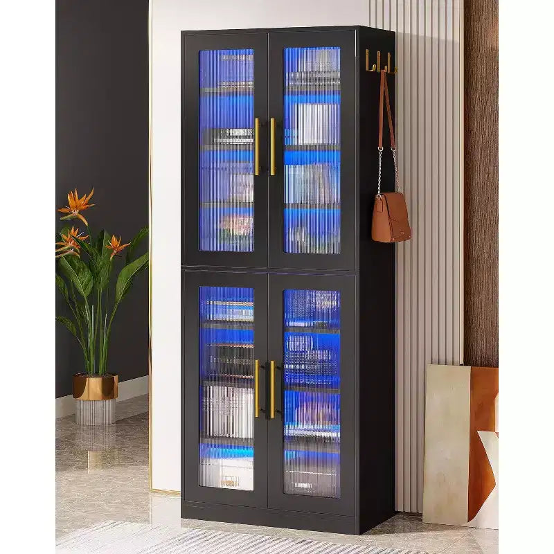 Lantine Bookcase with Doors and LED Light, 67-inch Tall Bookshelf with 8-Tier Adjustable Shelves and Hanging Hooks