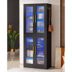 Lantine Bookcase with Doors and LED Light, 67-inch Tall Bookshelf with 8-Tier Adjustable Shelves and Hanging Hooks