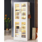 Lantine Bookcase with Doors and LED Light, 67-inch Tall Bookshelf with 8-Tier Adjustable Shelves and Hanging Hooks