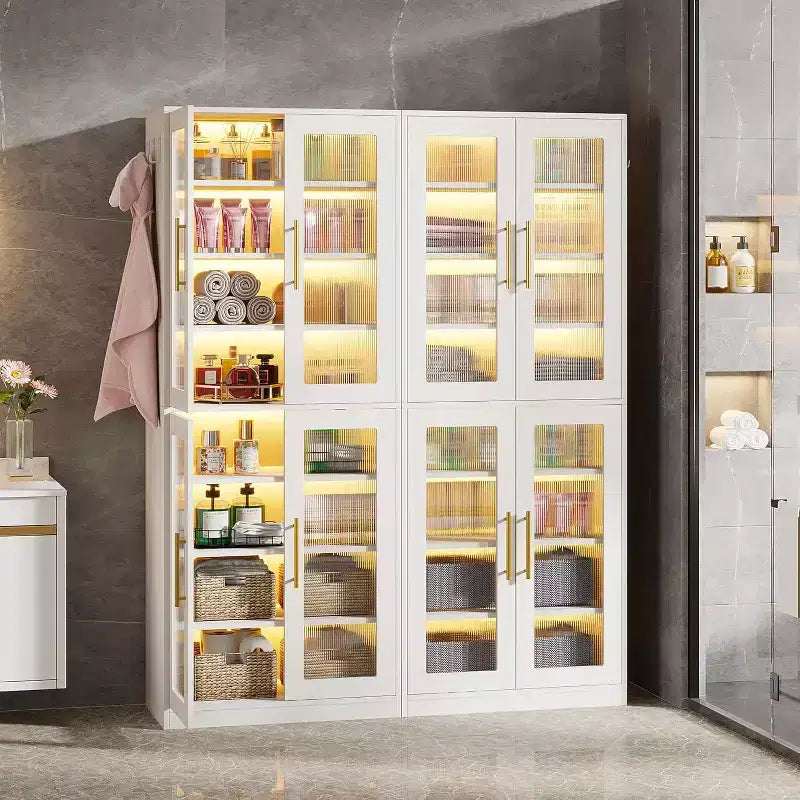 Lantine Bookcase with Doors and LED Light, 67-inch Tall Bookshelf with 8-Tier Adjustable Shelves and Hanging Hooks