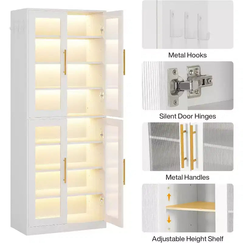Lantine Bookcase with Doors and LED Light, 67-inch Tall Bookshelf with 8-Tier Adjustable Shelves and Hanging Hooks